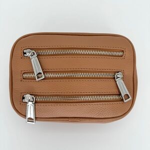 REBECCA MINKOFF 3 Zip Belt Bag Desert Tan Pebbled Leather Silver Casual‎ Neutral